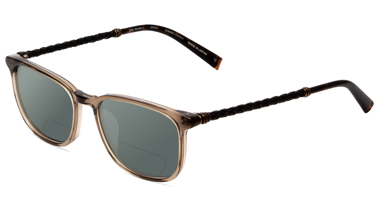 Profile View of John Varvatos V400 Designer Polarized Reading Sunglasses with Custom Cut Powered Smoke Grey Lenses in Smoke Crystal Pewter Silver Unisex Square Full Rim Acetate 53 mm