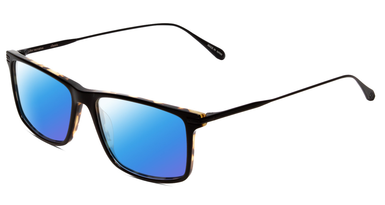 Profile View of John Varvatos V403 Designer Polarized Sunglasses with Custom Cut Blue Mirror Lenses in Tortoise Havana Brown Gold Black Unisex Square Full Rim Acetate 56 mm