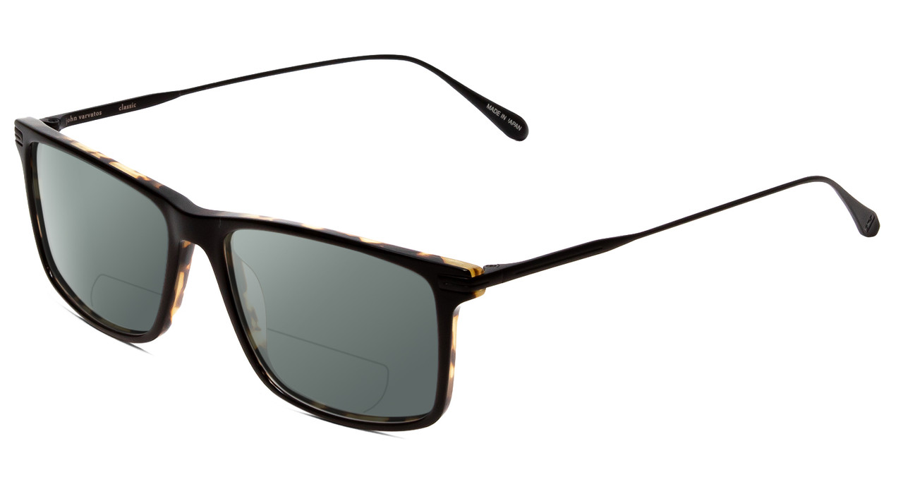 Profile View of John Varvatos V403 Designer Polarized Reading Sunglasses with Custom Cut Powered Smoke Grey Lenses in Tortoise Havana Brown Gold Black Unisex Square Full Rim Acetate 56 mm