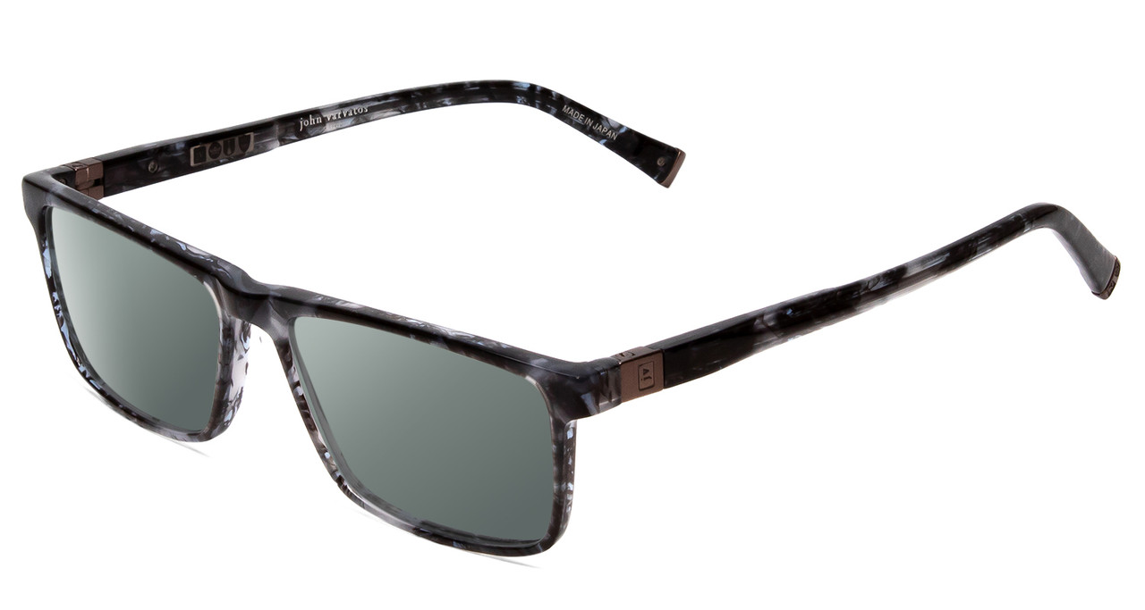 Profile View of John Varvatos V404 Designer Polarized Reading Sunglasses with Custom Cut Powered Smoke Grey Lenses in Smoke Grey Marble Unisex Rectangle Full Rim Acetate 56 mm