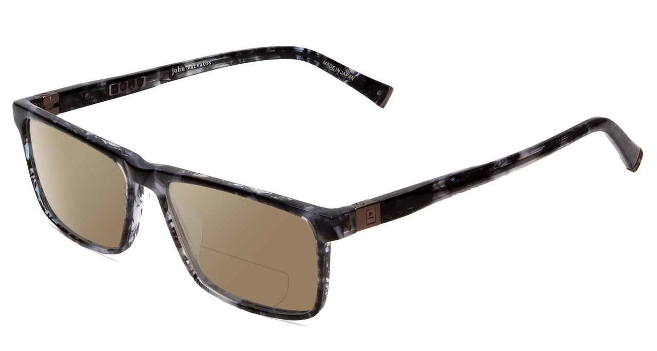 Profile View of John Varvatos V404 Designer Polarized Reading Sunglasses with Custom Cut Powered Amber Brown Lenses in Smoke Grey Marble Unisex Rectangle Full Rim Acetate 56 mm