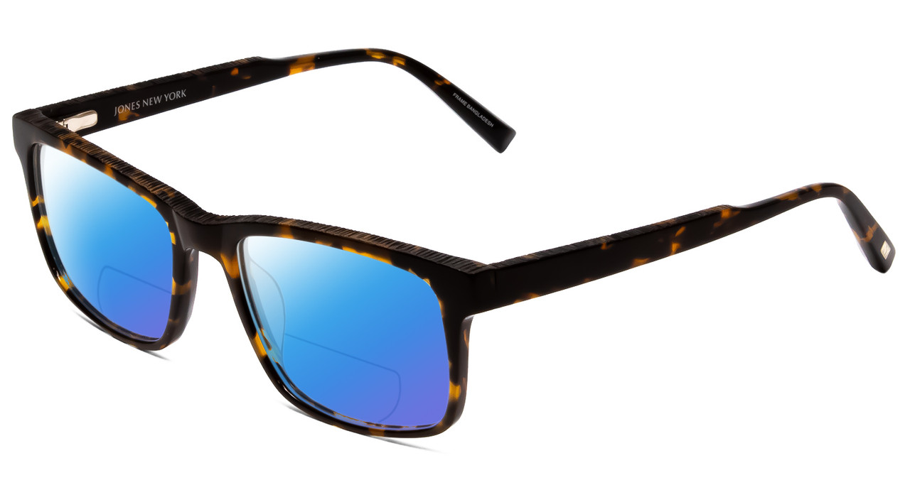 Profile View of Jones New York J526 Designer Polarized Reading Sunglasses with Custom Cut Powered Blue Mirror Lenses in Tortoise Havana Brown Gold Unisex Square Full Rim Acetate 54 mm