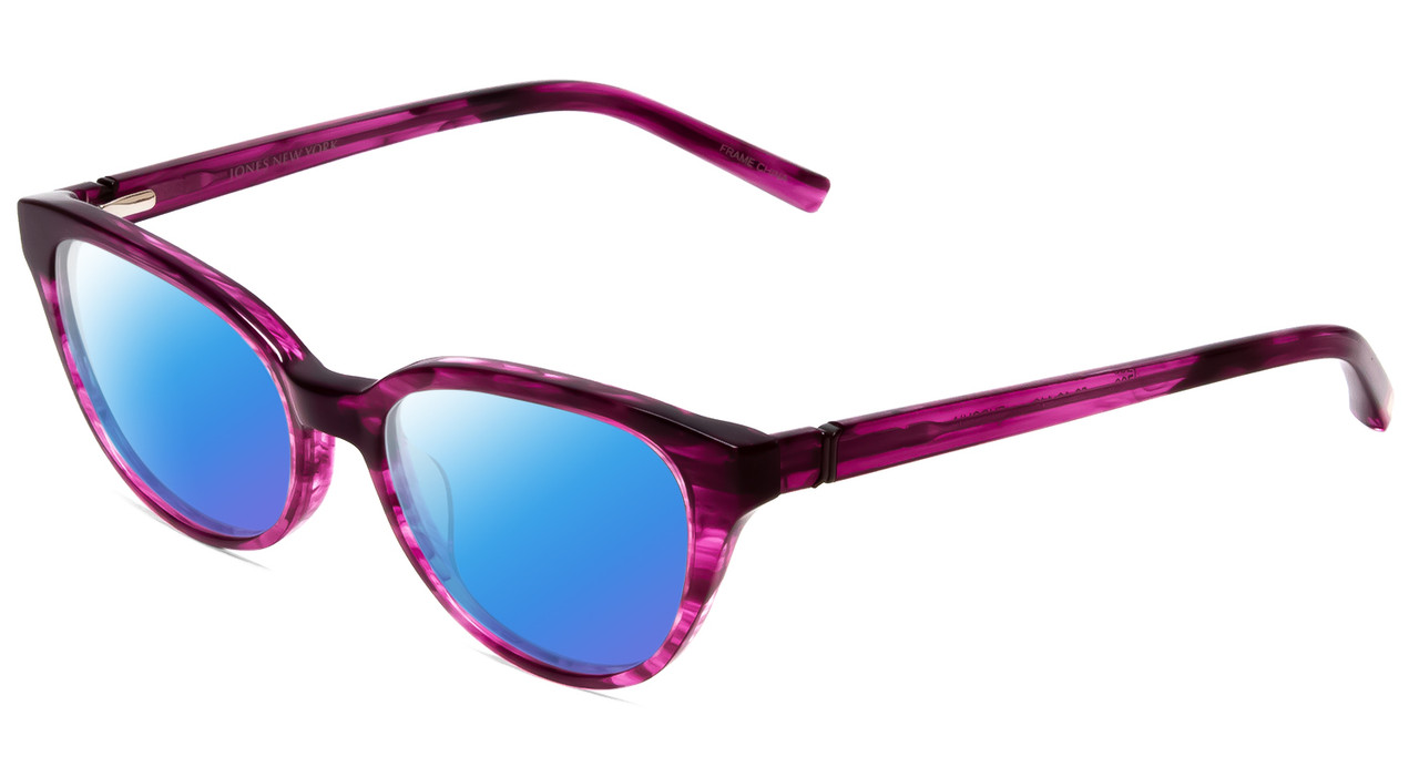 Profile View of Jones New York J760 Designer Polarized Sunglasses with Custom Cut Blue Mirror Lenses in Fuchsia Hot Pink Purple Ladies Cateye Full Rim Acetate 53 mm