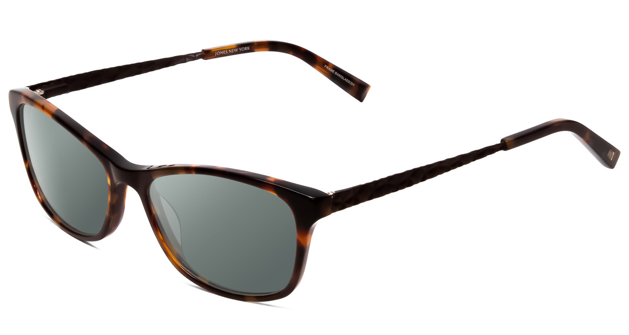 Profile View of Jones New York J762 Designer Polarized Sunglasses with Custom Cut Smoke Grey Lenses in Tortoise Havana Brown Gold Unisex Cateye Full Rim Acetate 53 mm