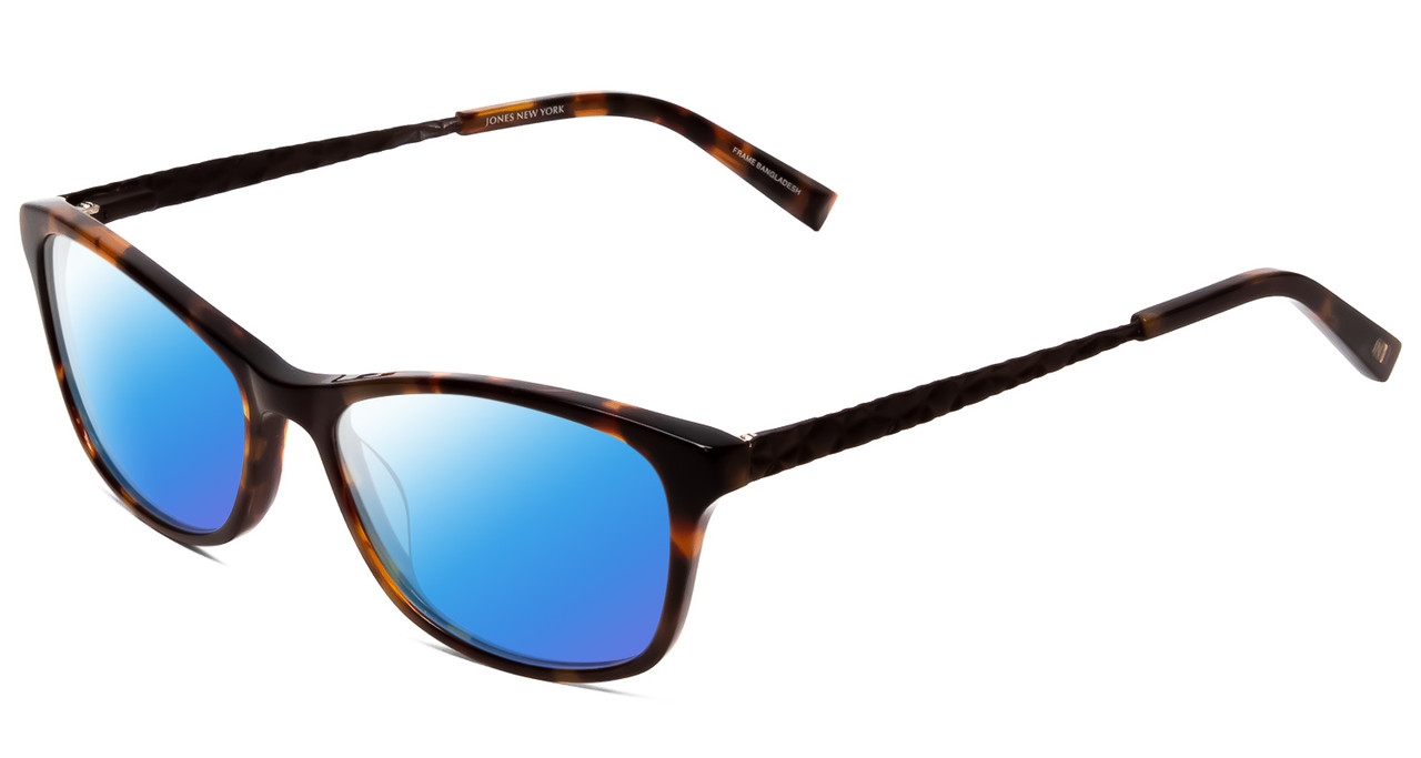 Profile View of Jones New York J762 Designer Polarized Sunglasses with Custom Cut Blue Mirror Lenses in Tortoise Havana Brown Gold Unisex Cateye Full Rim Acetate 53 mm