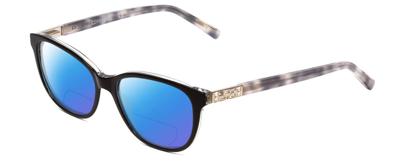 Profile View of Cover Girl CG0458 Designer Polarized Reading Sunglasses with Custom Cut Powered Blue Mirror Lenses in Black Crystal Smoke Grey Marble Ladies Cateye Full Rim Acetate 55 mm