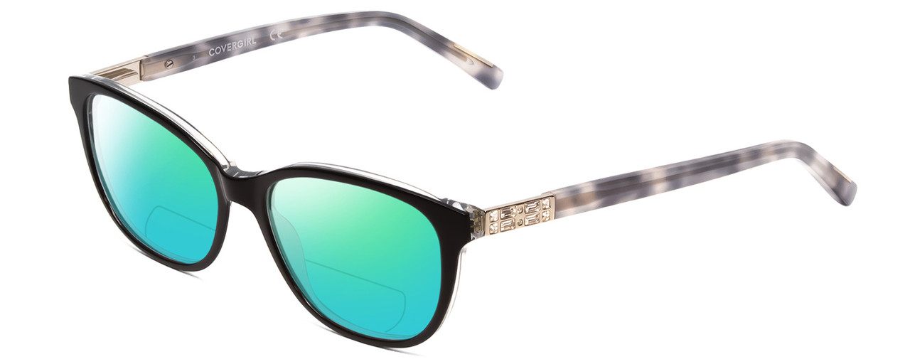 Profile View of Cover Girl CG0458 Designer Polarized Reading Sunglasses with Custom Cut Powered Green Mirror Lenses in Black Crystal Smoke Grey Marble Ladies Cateye Full Rim Acetate 55 mm