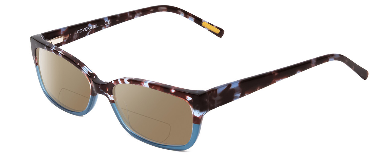 Profile View of Cover Girl CG0536 Designer Polarized Reading Sunglasses with Custom Cut Powered Amber Brown Lenses in Tortoise Havana Brown Crystal Blue Fade Ladies Cateye Full Rim Acetate 54 mm