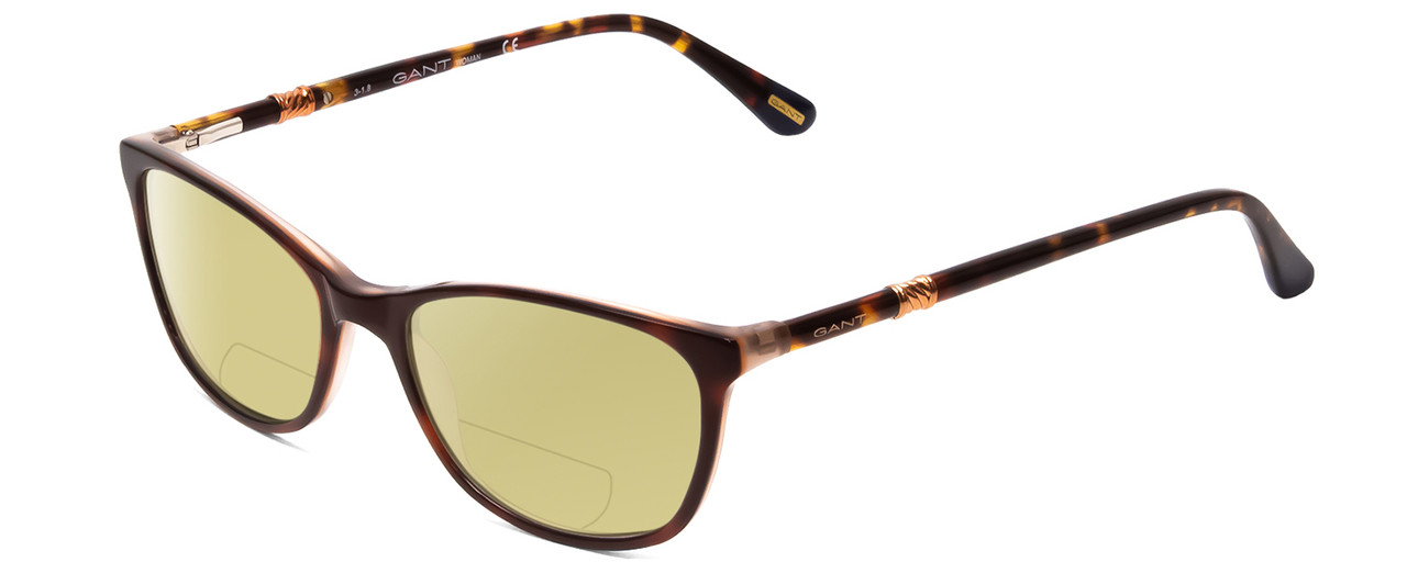 Profile View of GANT GA4082 Designer Polarized Reading Sunglasses with Custom Cut Powered Sun Flower Yellow Lenses in Tortoise Havana Brown Gold Ladies Cateye Full Rim Acetate 52 mm