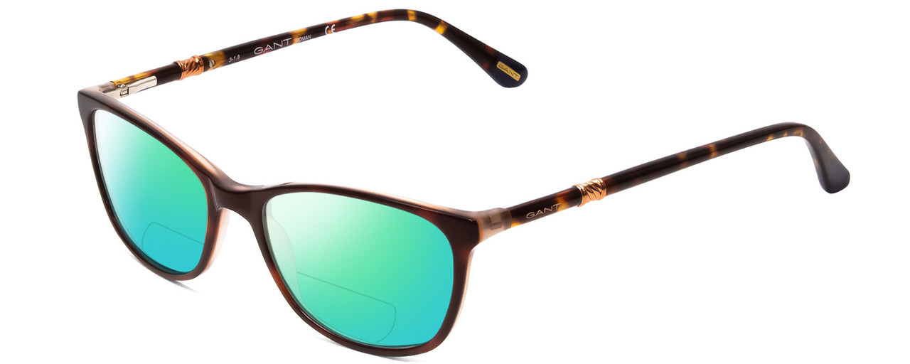 Profile View of GANT GA4082 Designer Polarized Reading Sunglasses with Custom Cut Powered Green Mirror Lenses in Tortoise Havana Brown Gold Ladies Cateye Full Rim Acetate 52 mm