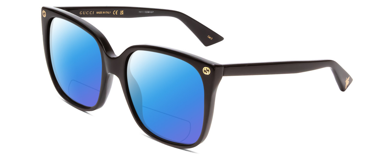 Profile View of GUCCI GG0022S Designer Polarized Reading Sunglasses with Custom Cut Powered Blue Mirror Lenses in Gloss Black Gold Logo Ladies Cateye Full Rim Acetate 57 mm