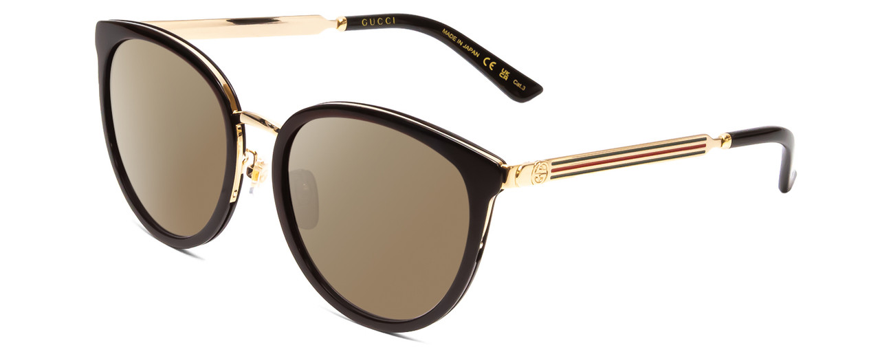 Profile View of GUCCI GG0077SK Designer Polarized Sunglasses with Custom Cut Amber Brown Lenses in Gloss Black Gold Logo Ladies Cateye Full Rim Acetate 56 mm