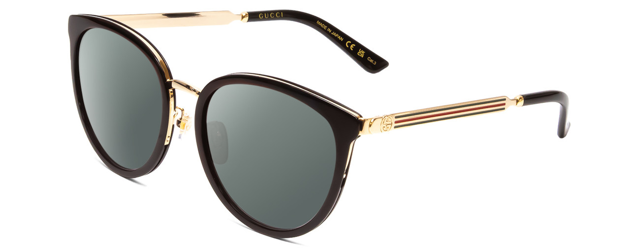 Profile View of GUCCI GG0077SK Designer Polarized Sunglasses with Custom Cut Smoke Grey Lenses in Gloss Black Gold Logo Ladies Cateye Full Rim Acetate 56 mm