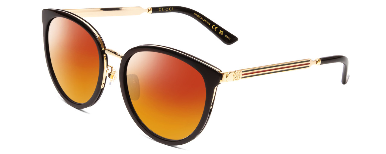 Profile View of GUCCI GG0077SK Designer Polarized Sunglasses with Custom Cut Red Mirror Lenses in Gloss Black Gold Logo Ladies Cateye Full Rim Acetate 56 mm