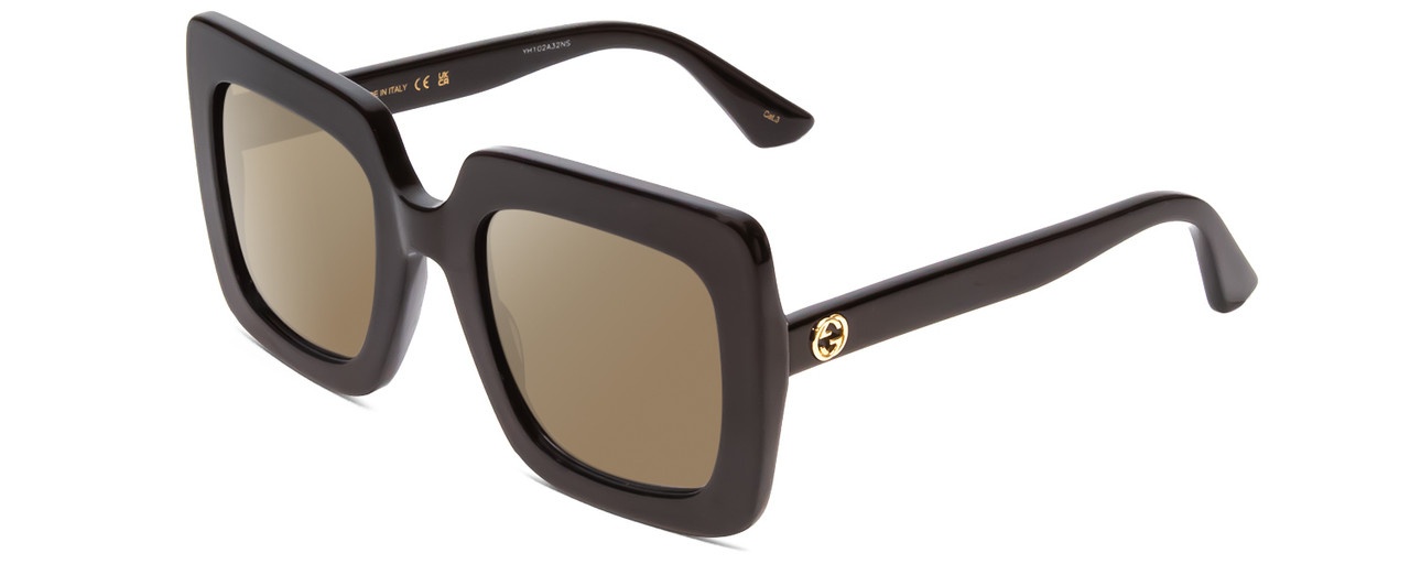 Profile View of GUCCI GG0328S Designer Polarized Sunglasses with Custom Cut Amber Brown Lenses in Gloss Black Gold Logo Ladies Square Full Rim Acetate 53 mm