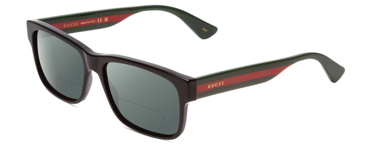 Profile View of GUCCI GG0340S Designer Polarized Reading Sunglasses with Custom Cut Powered Smoke Grey Lenses in Gloss Black Red Stripe Green Gold Mens Retro Full Rim Acetate 58 mm