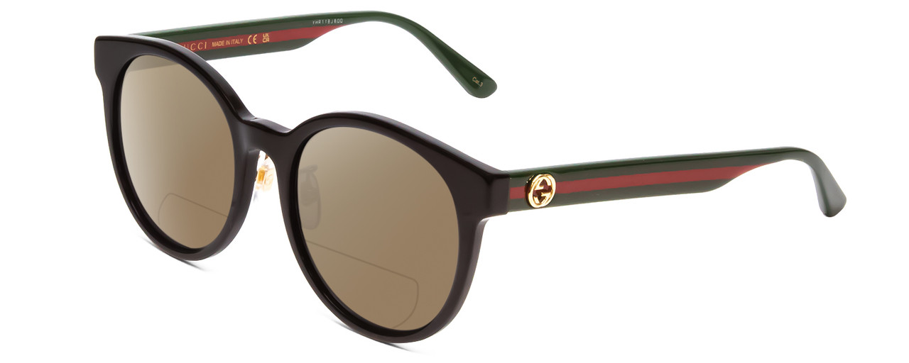 Profile View of GUCCI GG0416SK Designer Polarized Reading Sunglasses with Custom Cut Powered Amber Brown Lenses in Gloss Black Red Stripe Green Gold Ladies Round Full Rim Acetate 55 mm