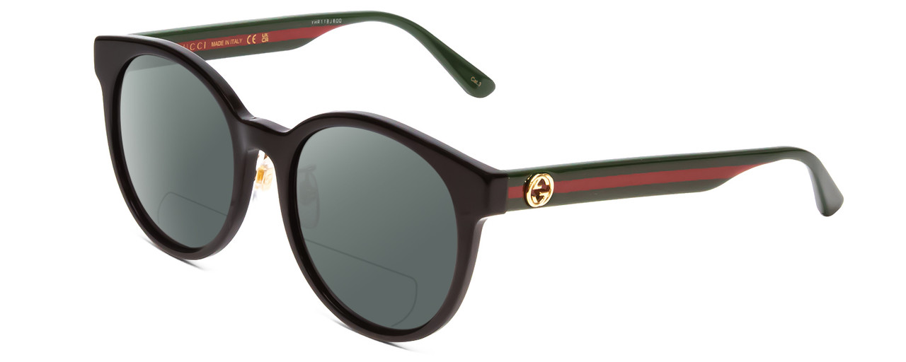 Profile View of GUCCI GG0416SK Designer Polarized Reading Sunglasses with Custom Cut Powered Smoke Grey Lenses in Gloss Black Red Stripe Green Gold Ladies Round Full Rim Acetate 55 mm