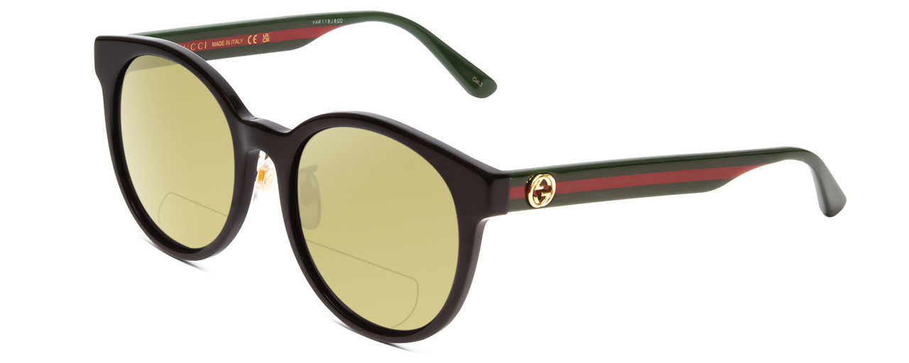 Profile View of GUCCI GG0416SK Designer Polarized Reading Sunglasses with Custom Cut Powered Sun Flower Yellow Lenses in Gloss Black Red Stripe Green Gold Ladies Round Full Rim Acetate 55 mm