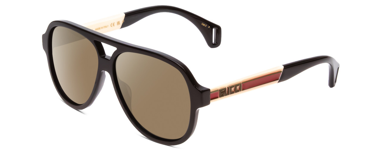 Profile View of GUCCI GG0463S Designer Polarized Sunglasses with Custom Cut Amber Brown Lenses in Gloss Black Red Stripe Gold Unisex Aviator Full Rim Acetate 58 mm