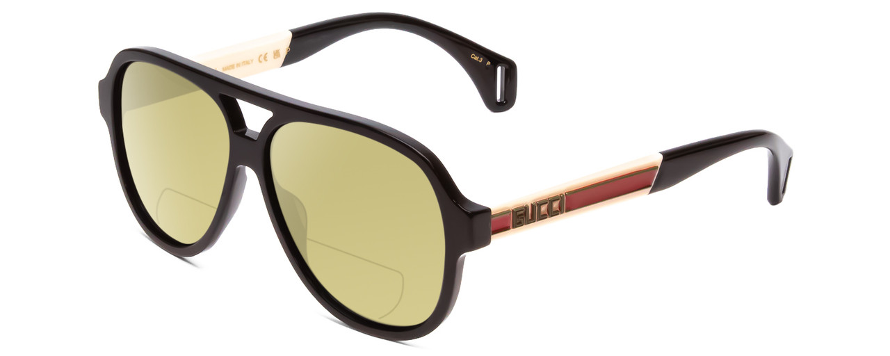 Profile View of GUCCI GG0463S Designer Polarized Reading Sunglasses with Custom Cut Powered Sun Flower Yellow Lenses in Gloss Black Red Stripe Gold Unisex Aviator Full Rim Acetate 58 mm