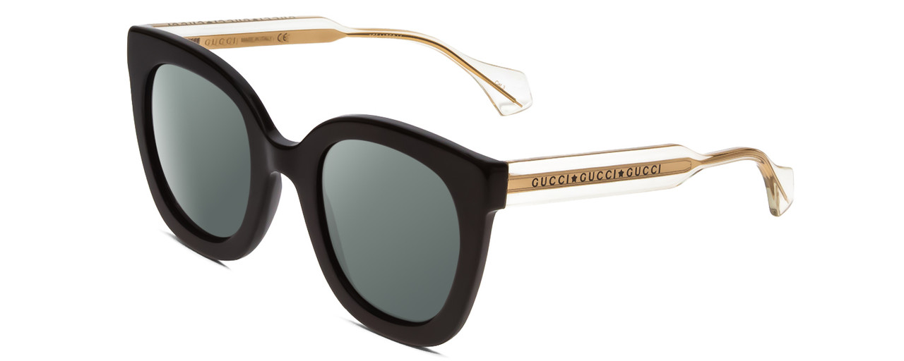 Profile View of GUCCI GG0564S Designer Polarized Sunglasses with Custom Cut Smoke Grey Lenses in Gloss Black Crystal Gold Ladies Cateye Full Rim Acetate 51 mm