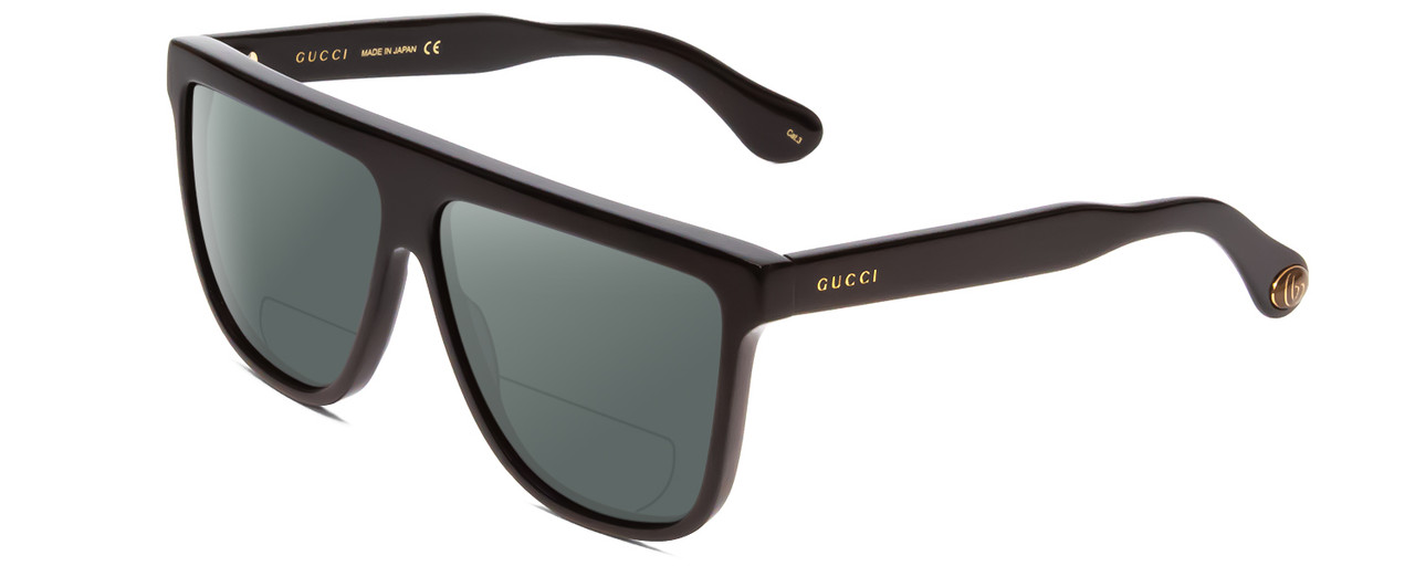 Profile View of GUCCI GG0582S Designer Polarized Reading Sunglasses with Custom Cut Powered Smoke Grey Lenses in Gloss Black Gold Logo Mens Square Full Rim Acetate 61 mm
