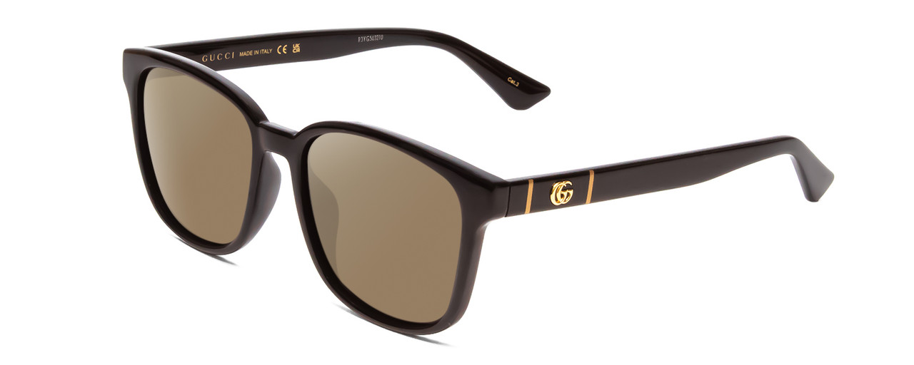 Profile View of GUCCI GG0637SK Designer Polarized Sunglasses with Custom Cut Amber Brown Lenses in Gloss Black Gold Logo Mens Cateye Full Rim Acetate 56 mm