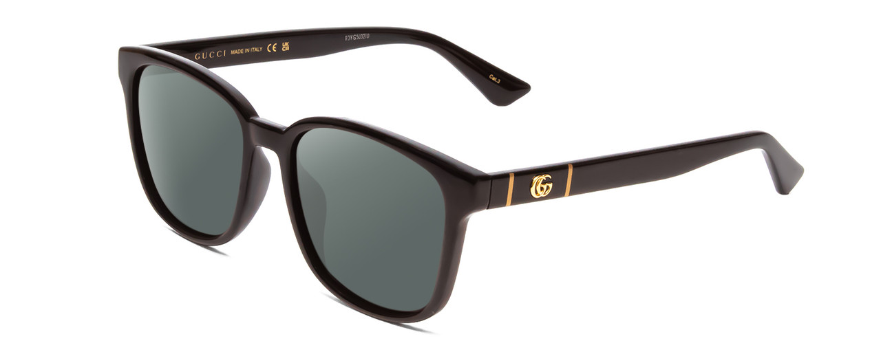 Profile View of GUCCI GG0637SK Designer Polarized Sunglasses with Custom Cut Smoke Grey Lenses in Gloss Black Gold Logo Mens Cateye Full Rim Acetate 56 mm