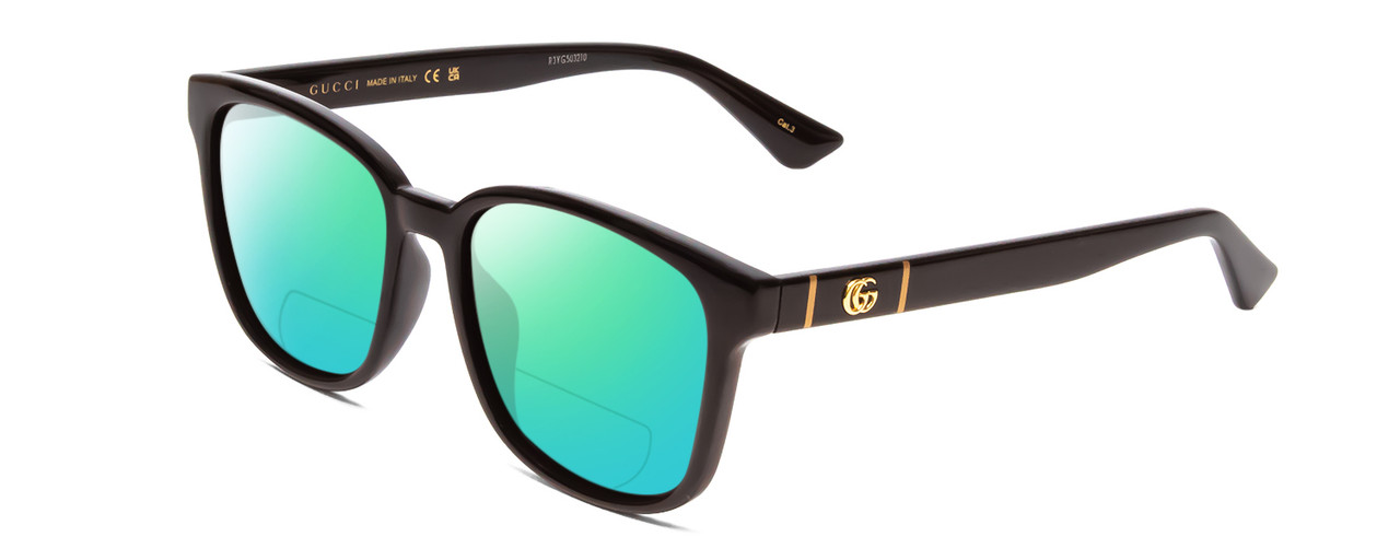 Profile View of GUCCI GG0637SK Designer Polarized Reading Sunglasses with Custom Cut Powered Green Mirror Lenses in Gloss Black Gold Logo Mens Cateye Full Rim Acetate 56 mm