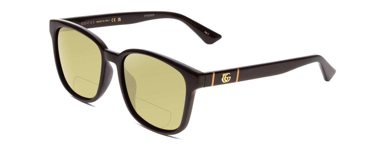 Profile View of GUCCI GG0637SK Designer Polarized Reading Sunglasses with Custom Cut Powered Sun Flower Yellow Lenses in Gloss Black Gold Logo Mens Cateye Full Rim Acetate 56 mm