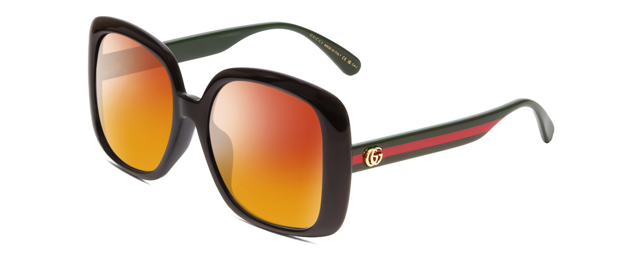 Profile View of GUCCI GG0714SA Designer Polarized Sunglasses with Custom Cut Red Mirror Lenses in Gloss Black Red Stripe Green Gold Logo Ladies Oversized Full Rim Acetate 56 mm