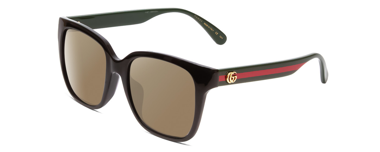 Profile View of GUCCI GG0715SA Designer Polarized Sunglasses with Custom Cut Amber Brown Lenses in Gloss Black Red Stripe Green Gold Logo Ladies Square Full Rim Acetate 53 mm