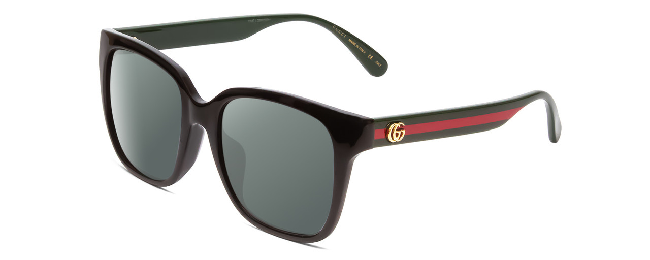 Profile View of GUCCI GG0715SA Designer Polarized Sunglasses with Custom Cut Smoke Grey Lenses in Gloss Black Red Stripe Green Gold Logo Ladies Square Full Rim Acetate 53 mm