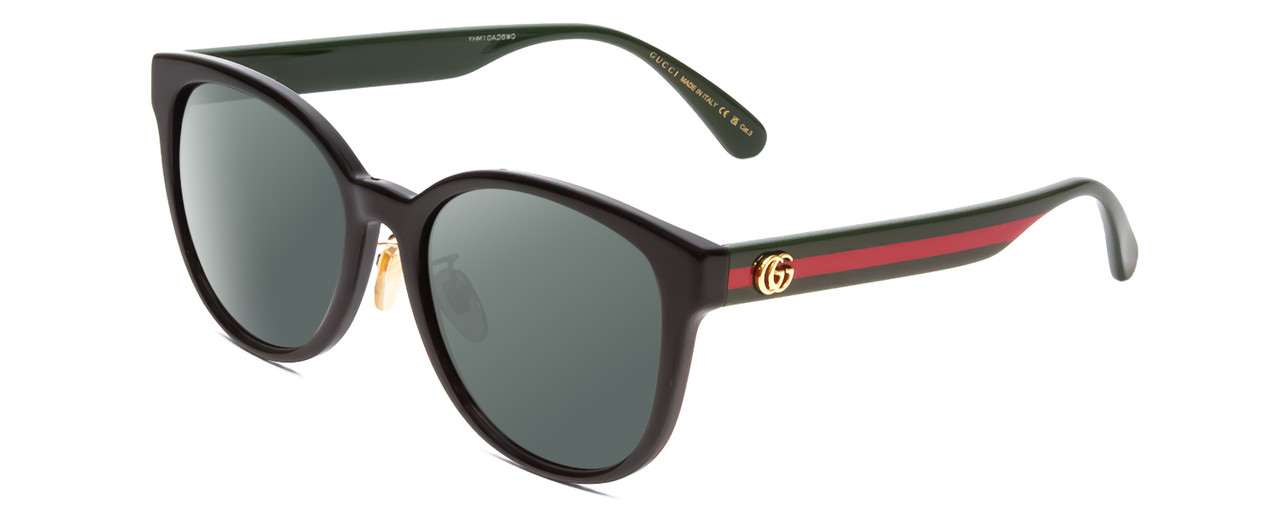 Profile View of GUCCI GG0854SK Designer Polarized Sunglasses with Custom Cut Smoke Grey Lenses in Gloss Black Red Stripe Green Gold Logo Ladies Cateye Full Rim Acetate 56 mm