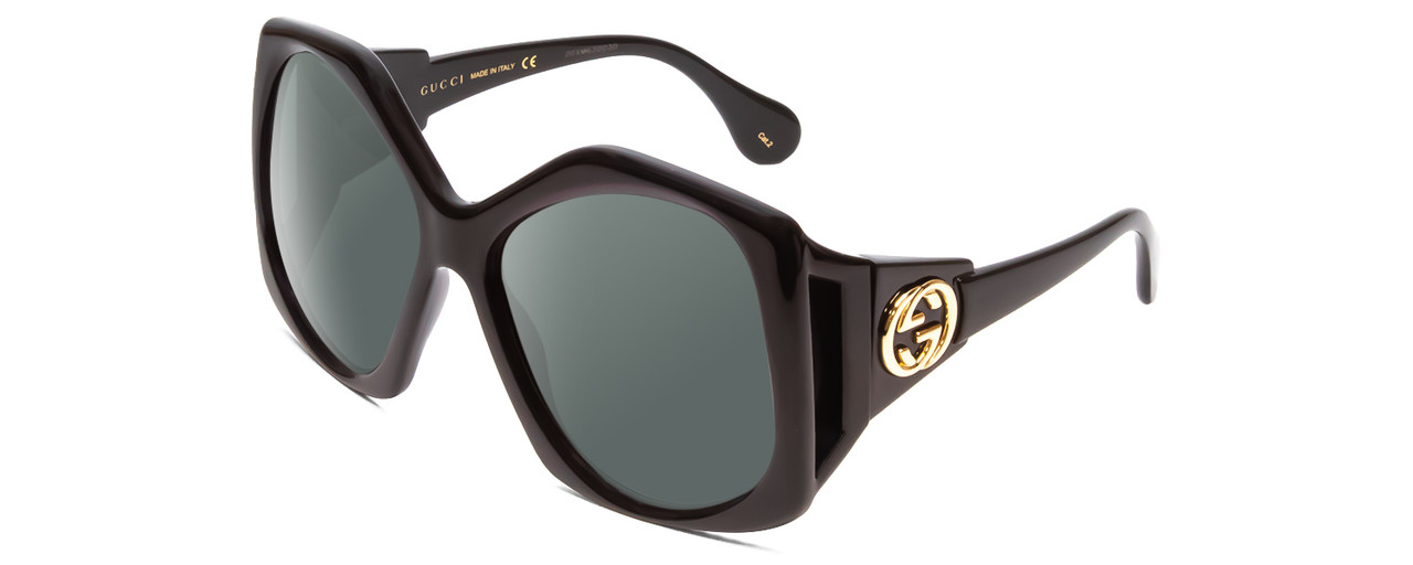 Profile View of GUCCI GG0875S Designer Polarized Sunglasses with Custom Cut Smoke Grey Lenses in Gloss Black Gold Logo Hexagon Ladies Oversized Full Rim Acetate 62 mm