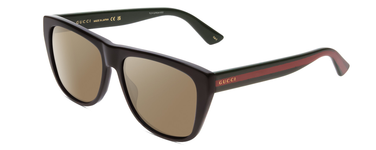 Profile View of GUCCI GG0926S Designer Polarized Sunglasses with Custom Cut Amber Brown Lenses in Gloss Black Red Stripe Green Gold Logo Mens Retro Full Rim Acetate 57 mm