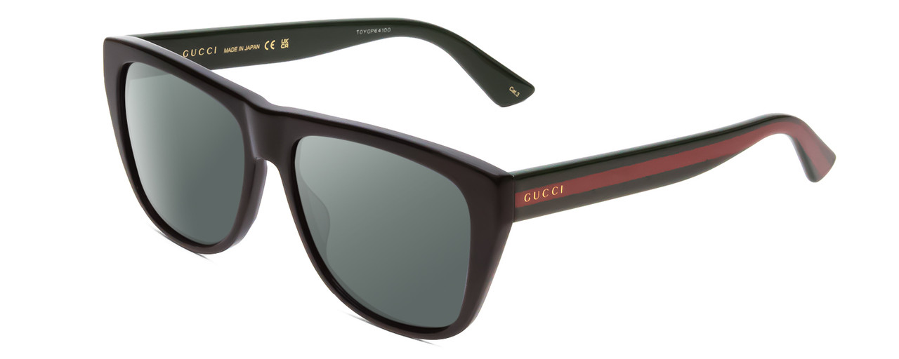 Profile View of GUCCI GG0926S Designer Polarized Sunglasses with Custom Cut Smoke Grey Lenses in Gloss Black Red Stripe Green Gold Logo Mens Retro Full Rim Acetate 57 mm