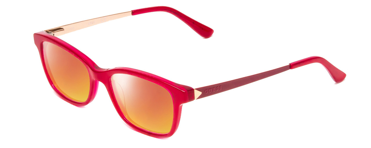 Profile View of Guess GU9177 Designer Polarized Sunglasses with Custom Cut Red Mirror Lenses in Crystal Pink Red Ladies Cateye Full Rim Acetate 47 mm