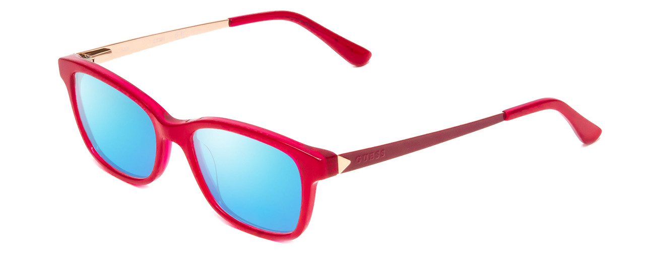 Profile View of Guess GU9177 Designer Polarized Sunglasses with Custom Cut Blue Mirror Lenses in Crystal Pink Red Ladies Cateye Full Rim Acetate 47 mm