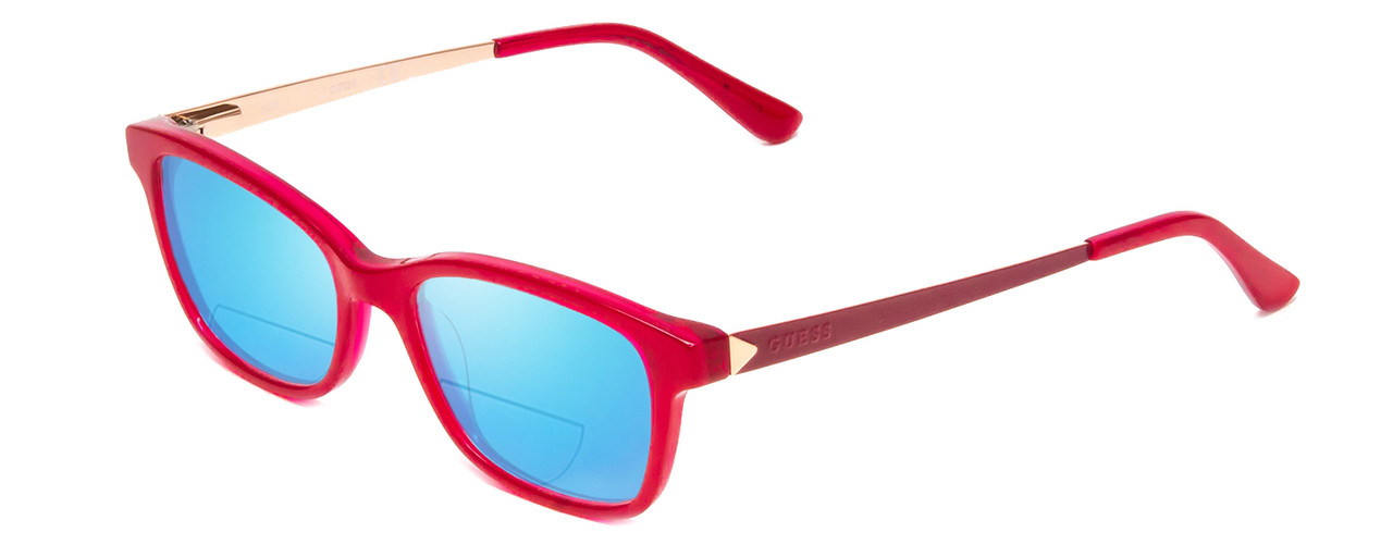 Profile View of Guess GU9177 Designer Polarized Reading Sunglasses with Custom Cut Powered Blue Mirror Lenses in Crystal Pink Red Ladies Cateye Full Rim Acetate 47 mm