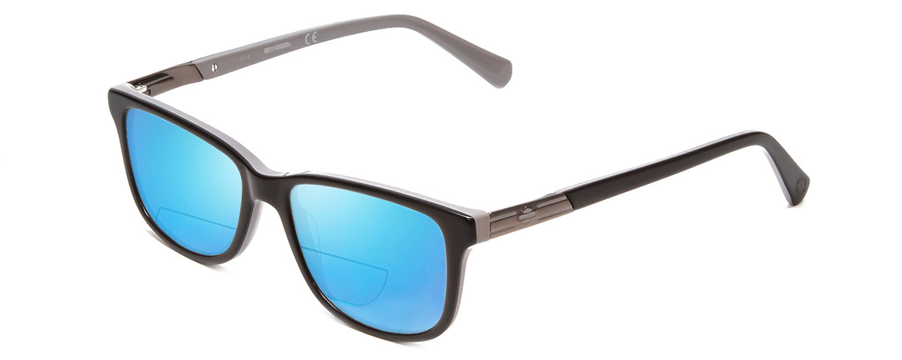 Profile View of Harley-Davidson HD0131T Designer Polarized Reading Sunglasses with Custom Cut Powered Blue Mirror Lenses in Black Gun Metal Grey Ladies Cateye Full Rim Acetate 48 mm