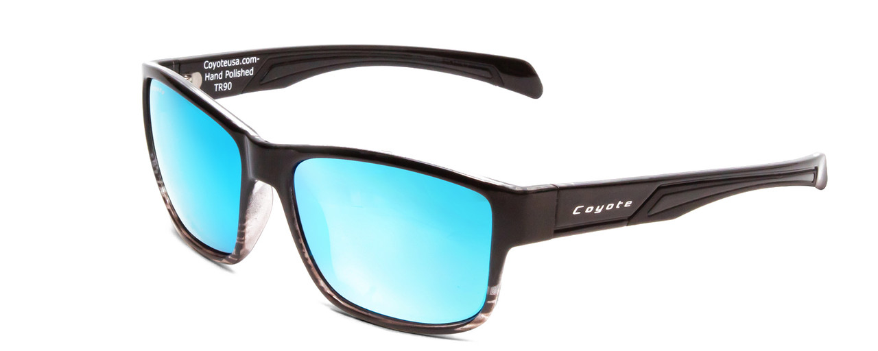 Profile View of Coyote Bluefin Unisex Polarized Sunglasses in Gloss Black Grey/Blue Mirror 55 mm