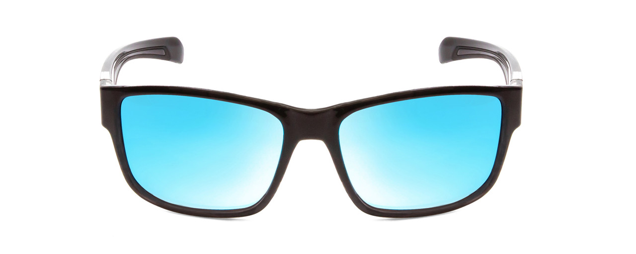 Front View of Coyote Bluefin Unisex Polarized Sunglasses in Gloss Black Grey/Blue Mirror 55 mm