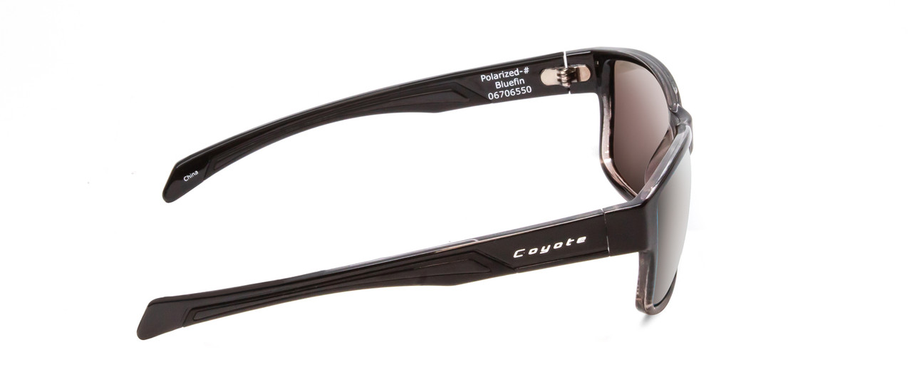 Side View of Coyote Bluefin Unisex Polarized Sunglasses in Gloss Black Grey/Blue Mirror 55 mm