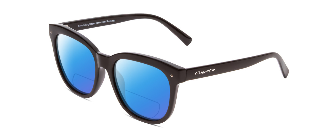 Profile View of Coyote Cheyenne Designer Polarized Reading Sunglasses with Custom Cut Powered Blue Mirror Lenses in Gloss Black Ladies Square Full Rim Acetate 52 mm