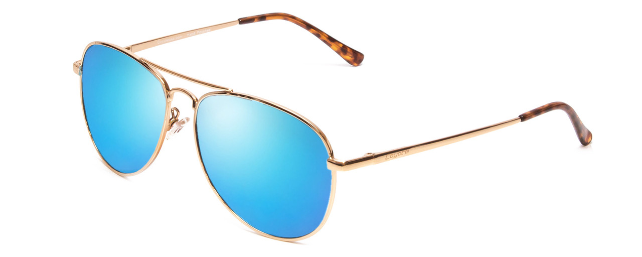 Profile View of Coyote Classic II Designer Polarized Sunglasses with Custom Cut Blue Mirror Lenses in Gold Brown Ladies Pilot Full Rim Metal 55 mm