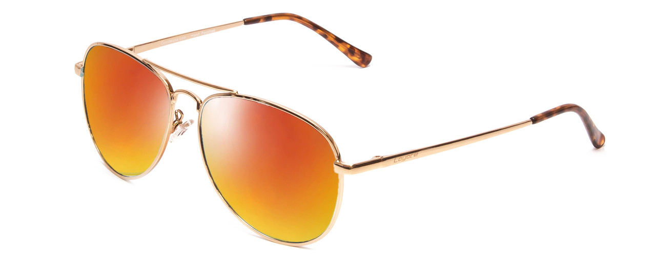 Profile View of Coyote Classic II Designer Polarized Sunglasses with Custom Cut Red Mirror Lenses in Gold Brown Ladies Pilot Full Rim Metal 55 mm