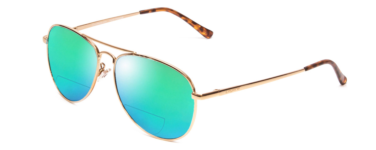 Profile View of Coyote Classic II Designer Polarized Reading Sunglasses with Custom Cut Powered Green Mirror Lenses in Gold Brown Ladies Pilot Full Rim Metal 55 mm