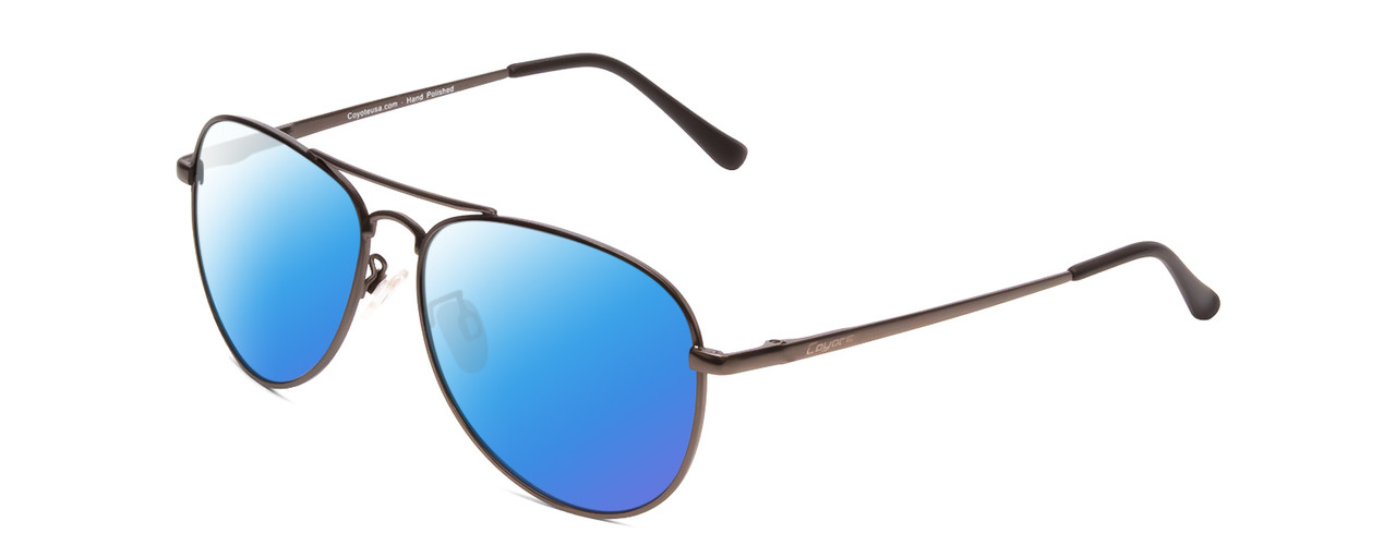 Profile View of Coyote Classic II Designer Polarized Sunglasses with Custom Cut Blue Mirror Lenses in Gun Metal Grey Unisex Pilot Full Rim Metal 55 mm